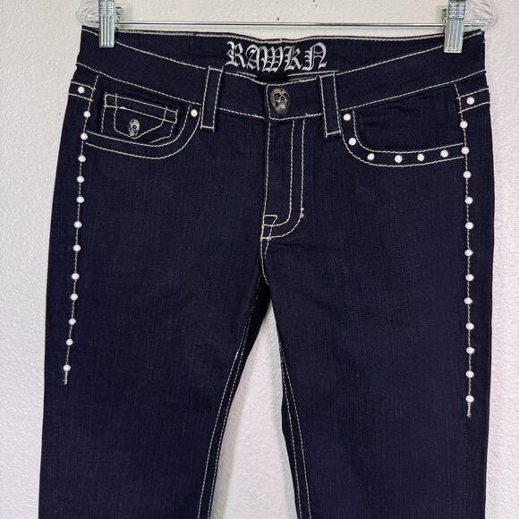 Rawkn Y2K Jeans Womens 28 Skull Studded Low Rise Denim Key Closet Skater Rocker - Picture 5 of 14